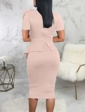 Women Summer Pink Formal Bow Short Sleeves Solid Knee-Length Office Dress