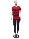 Women Summer Red Casual O-Neck Short Sleeves Letter Print Two Piece Pants Set