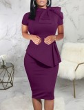Women Summer Purple Formal Bow Short Sleeves Solid Knee-Length Office Dress