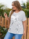 Women Summer White Casual O-Neck Short Sleeves Striped Print Regular Plus Size Shirt