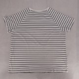 Women Summer White Casual O-Neck Short Sleeves Striped Print Regular Plus Size Shirt