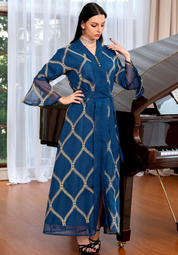 Women Summer Blue Arab Dubai Middle East Turkey Morocco Plaid Print Belted Islamic Clothing Kaftan Abaya Muslim Dress