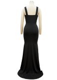 Women Summer Black Modest Strap Sleeveless Solid Silt Evening Dress