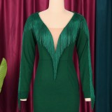 Women Spring Green Vintage V-neck Full Sleeves Solid Fringed Evening Dress