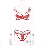 Women Summer Red Sexy Solid Lace Hollow Out Sexy Bra Set