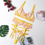 Women Summer Yellow Sexy Floral Print Lace Garter Sexy Bra Set