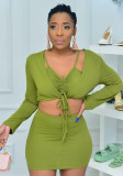 Women Spring Green Casual Full Sleeves High Waist Solid Skinny MiniThree Piece Skirt Set