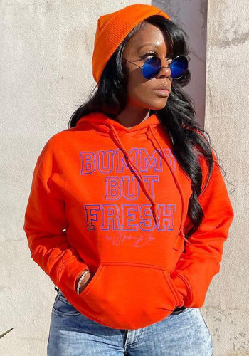 Women Spring Orange Streetwear Hooded Full Sleeves Letter Print Pockets Regular Hoodies