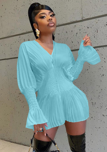 Damen Sommer Blau Modest V-Ausschnitt Volle Ärmel Solide Mini A-Linie Club Dress