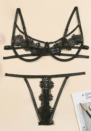 Women Summer Black Sexy Solid Lace Hollow Out Sexy Bra Set