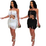 Women Summer White Sexy Halter Sleeveless Solid Fringed Mini Club Dress