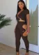 Women Summer Brown Sexy V-neck Short Sleeves High Waist Solid Hollow Out Skinny Two Piece Pants Set