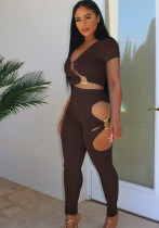 Conjunto de pantalones ajustados de dos piezas para mujer, verano, marrón, Sexy, cuello en V, manga corta, cintura alta, liso