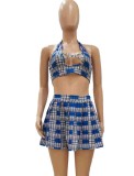 Women Summer Blue Sexy Halter Sleeveless Plaid Print MiniTwo Piece Skirt Set