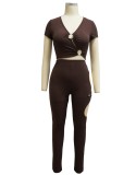 Women Summer Brown Sexy V-neck Short Sleeves High Waist Solid Hollow Out Skinny Two Piece Pants Set