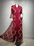 Women Summer Burgunry Arab Dubai Middle East Turkey Morocco Plaid Print Belted Islamic Clothing Kaftan Abaya Muslim Dress