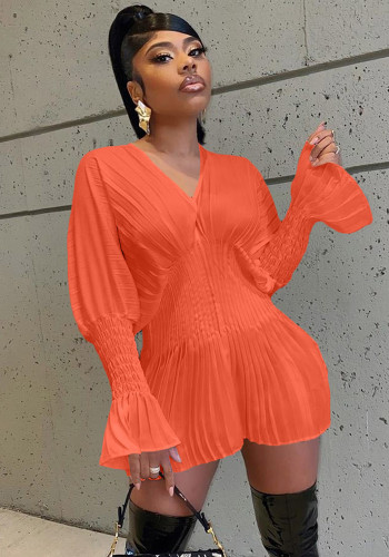 Damen Sommer Orange Romantischer V-Ausschnitt Volle Ärmel Solide Plissee Mini A-Linie Clubkleid