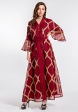 Women Summer Burgunry Arab Dubai Middle East Turkey Morocco Plaid Print Belted Islamic Clothing Kaftan Abaya Muslim Dress