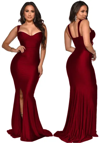 Women Summer Burgunry Formal Strap Sleeveless Solid Silt Evening Dress