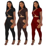 Women Summer Brown Sexy V-neck Short Sleeves High Waist Solid Hollow Out Skinny Two Piece Pants Set