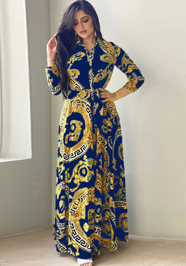 Women Spring Blue Arab Dubai Middle East Turkey Morocco Printed Belted Islamic Clothing Kaftan Abaya Muslim Dress