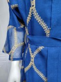 Women Summer Blue Arab Dubai Middle East Turkey Morocco Plaid Print Belted Islamic Clothing Kaftan Abaya Muslim Dress