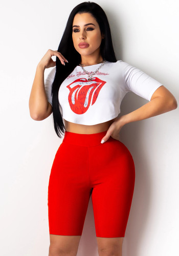 Frauen-Sommer-roter beiläufiger O-Ausschnitt mit kurzen Ärmeln, hoher Taille, bedruckt, dünnes, zweiteiliges Shorts-Set