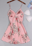 Women Summer Pink Cute Floral Satin Two Piece Sleepwear