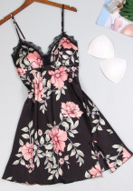 Ropa de dormir de dos piezas de satén floral estilo Lolita negro de verano para mujer