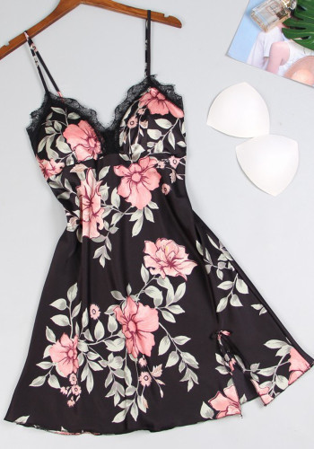 Women Summer Black Lolita Style Floral Satin Two Piece Sleepwear
