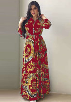 Mujeres Primavera Rojo Árabe Dubai Oriente Medio Turquía Marruecos Impreso Con Cinturón Ropa Islámica Kaftan Abaya Vestido Musulmán