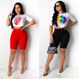 Women Summer Printed Casual O-Neck Short Sleeves High Waist Skinny Two Piece Shorts Set