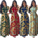 Women Spring Cyan Arab Dubai Middle East Turkey Morocco Printed Belted Islamic Clothing Kaftan Abaya Muslim Dress