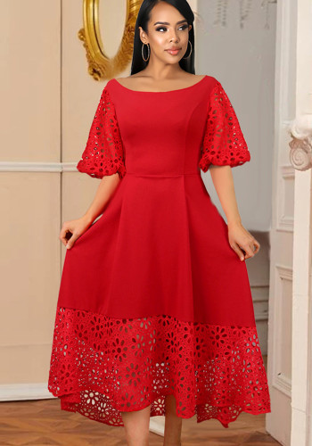 Women Summer Red Vintage O-Neck Short Sleeves Patchwork Lace Evening Dress