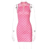 Women Summer Pink Preppy Style Turn-down Collar Sleeveless Printed Mini Shirt Dress