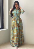 Women Spring Green Arab Dubai Middle East Turkey Morocco Printed Belted Islamic Clothing Kaftan Abaya Muslim Dress