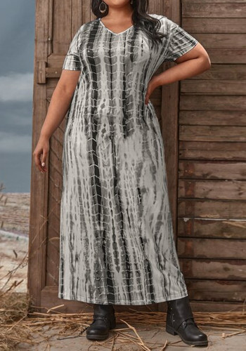 Vestido feminino verão estampado casual com decote em v manga curta pele de cobra tamanho grande