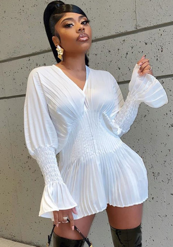 Women Spring White Sweet V-neck Full Sleeves Solid Pleated Mini A-line Club Dress
