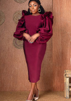 Damen Frühling Burgunry Formal O-Neck Full Sleeves Solid Rüschen Abendkleid