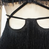Women Summer Black Sexy Halter Half Sleeves Solid Tassel Mini Club Dress