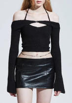 Chaleco corto liso con cuello halter negro de primavera para mujer y tops de dos piezas con capa