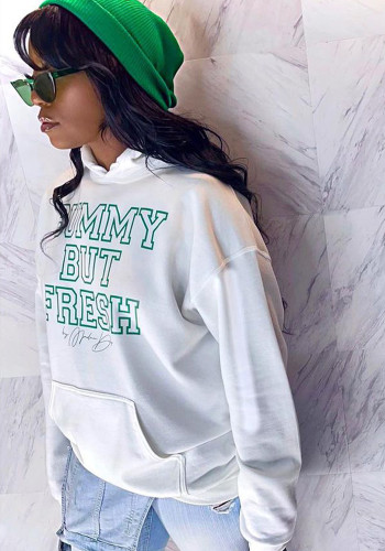 Kadınlar Bahar Beyaz Streetwear Kapşonlu Tam Kollu Mektup Baskı Cepler Normal Hoodies