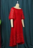 Women Summer Red Vintage O-Neck Short Sleeves Patchwork Lace Evening Dress