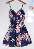 Women Summer Blue Romantic Floral Satin Two Piece Sleepwear