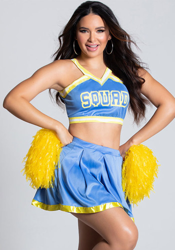 Damen Sommer Blau Preppy Style Neckholder Ärmellos Hohe Taille Briefdruck Mini CheerleaderZweiteiliges Rock Set