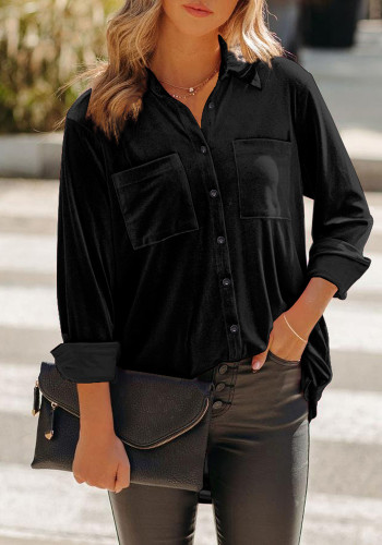 Colarinho feminino primavera preto formal mangas cheias bolsos de veludo sólido camisa longa
