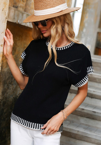 Camiseta feminina verão preta casual com gola redonda mangas curtas tricot normal