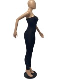 Women Spring Black Sexy One Shoulder Sleeveless Solid Full Length Skinny Jumpsuit
