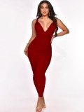 Women Summer Red Sexy Straps Sleeveless Solid Ruched Lace Up Sheath Midi Dress