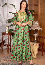 Mujeres Primavera Verde Árabe Dubai Medio Oriente Turquía Marruecos Estampado floral Ropa islámica Kaftan Abaya Vestido musulmán